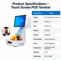 Caisse enregistreuse tactile à double écran 15,6 pouces, Windows 11, Intel Core I3, 4 Go de RAM, 64 Go de SSD, tout-en-un, pour la vente au détail, les supermarchés, les restaurants