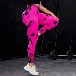 Custom Sexy Peach High-Waist Yoga Leggings Tie-Dye Print Quick-Dry Soft Fitness Tight Pants For Women's Gym Workouts