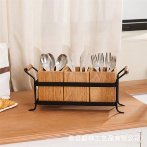 Caja de cubiertos de madera, organizador de almacenamiento multifuncional rectangular para uso en el escritorio de la cocina - Product Image 4