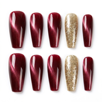 Bulk OEM ABS Lange Ballerina Press-on Nagels Bordeaux Cat Eye Magnetisch Effect Gouden Glitter Accent Vinger 24 Stuks Nageltips