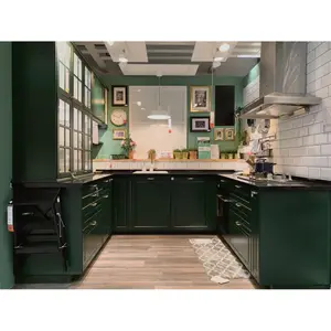 Design de armário de cozinha completa, design de armário industrial moderno verde escuro personalizado cnc mdf