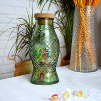 Pot de rangement vintage en verre borosilicate vert en forme de poisson avec couvercle en bois de bambou - Décoration écologique pour la maison pour bonbons/boissons 0,5-1L