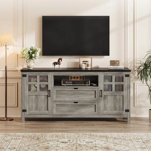 E1 P2 Engineered Wood Farmhouse <b>TV</b> <b>Stand</b> with Barn Doors and Drawers, Grey Media Cabinet Glass Doors, High Console - Product Image 1