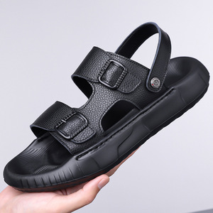 Sandales en cuir de vachette première couche pour hommes 2026 |   Sandales décontractées tendance en cuir véritable pour l'extérieur, style claquettes, livraison directe - Product Image 1