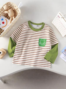 Nueva Camiseta de Manga Larga de Algodón para Niños, Absorbente de Humedad, con Estampado de Dibujos Animados a Rayas, Moderna, de una Sola Pieza - Product Image 6