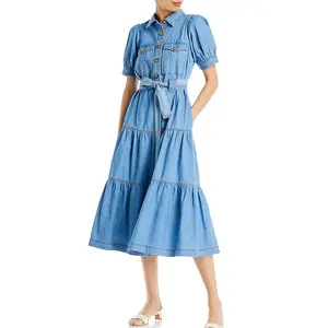 Women's summer elegant short puff sleeve point collar flap chest pocket midi-length belted flared denim tiered dress 2022
