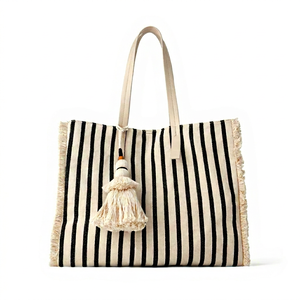 Sac fourre-tout en toile rayée avec pompon, style bohème, ouverture supérieure, sac à bandoulière pour femme, pour le shopping et l'usage quotidien, 100% toile de coton - Product Image 1