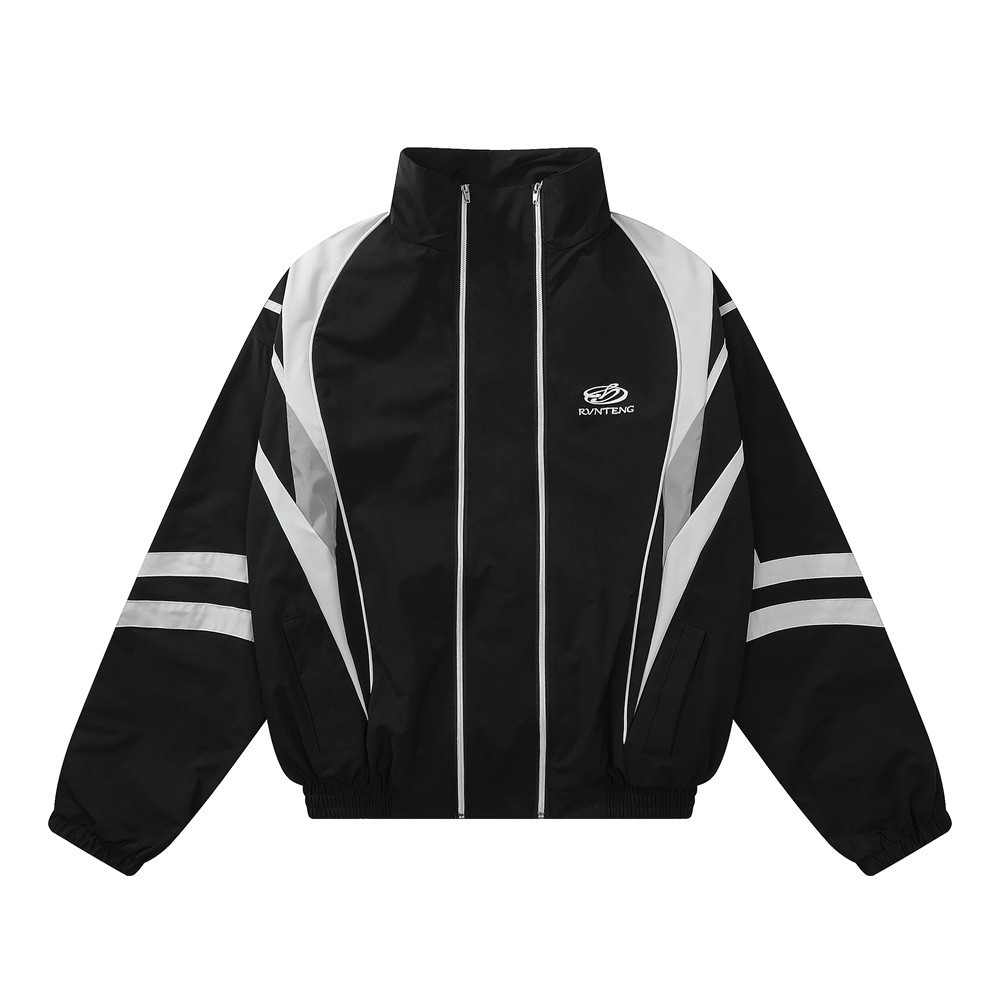 Rua desgaste blusão jaqueta masculina Zip Up poliéster cor preta bloco faixa jaqueta