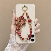 Lujoso Colgante para Teléfono con Flores Rojas y Cuentas, Llavero de Cristal con Pedrería Dorada, Colgante para Bolso, Joyería Hecha a Mano al por Mayor