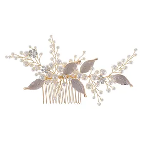 Handmade Crystal Pearl Vine Wedding Accessories Headdress Gold Leaf Fancy Headpieces Bridal Hair Comb For Girl