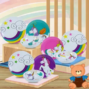 JQY özelleştirilmiş karikatür çocuklar yuvarlak melamin sevimli yemek tabağı setleri unicorn çıkartmaları ev tema restoran