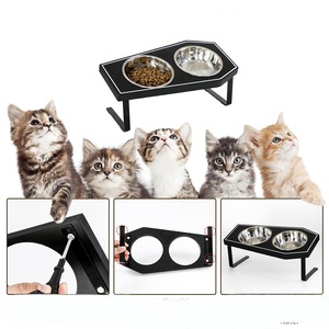 Wooden cat bowl stand, pet dining <b>table</b> feeder, Gothic style double bowl dog food bowl stand with slanted opening and <b>tall</b> - Product Image 4