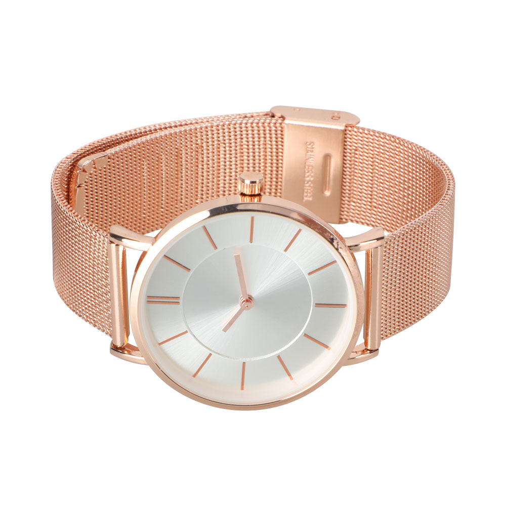 Stock Item Exquisite Simple Style Women Watch with Rose Gold Dial Mesh Steel Strap