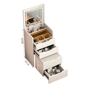 Petite coiffeuse moderne de style europé<span class=keywords><strong>en</strong></span> avec panneaux <span class=keywords><strong>en</strong></span> <span class=keywords><strong>bois</strong></span>, nombreux <span class=keywords><strong>tiroirs</strong></span>, miroir éclairé et tabouret - Product Image 1