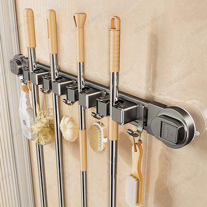 Bathroom Suction Cup <b>Mop</b> Holder With Hooks Stainless Steel <b>Wall</b> Mounted Organizer For Toilet Cleaning Tools Storage Rack - Product Image 2