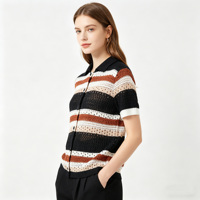 Sommer Damen Hohlstrick-Cardigan mit Polokragen, Kurzarm, Bunt Gestreift, Knopfleiste, Durchbrochenes Strick-Oberteil für Casual-Looks