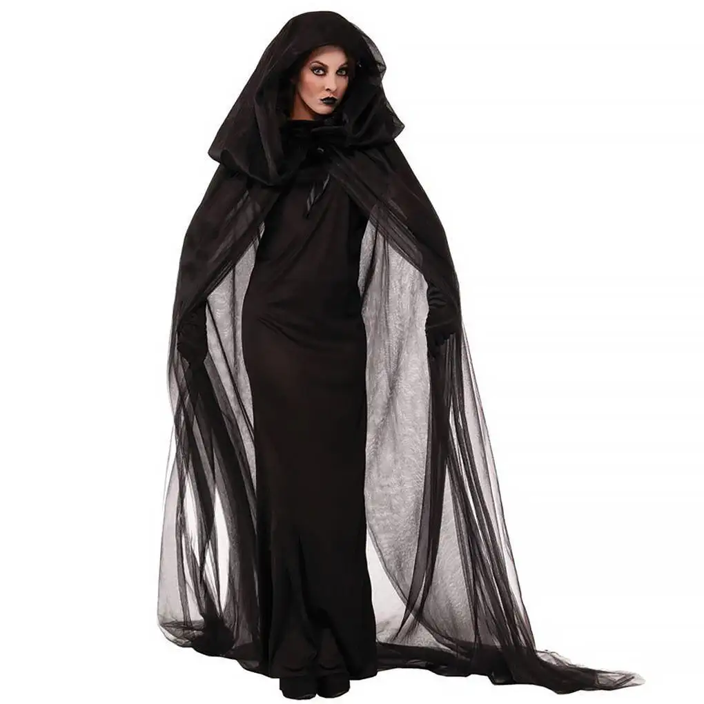 Grosir dalam stok gaun wanita Abad Pertengahan kostum Cosplay hallowen penyihir hitam