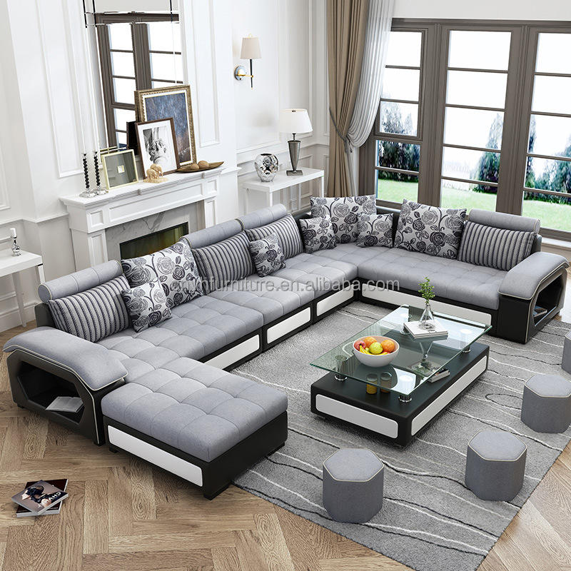 Modern luxury U shaped leather sofa cum bed fabric couch living room home furniture sectionals sofas set