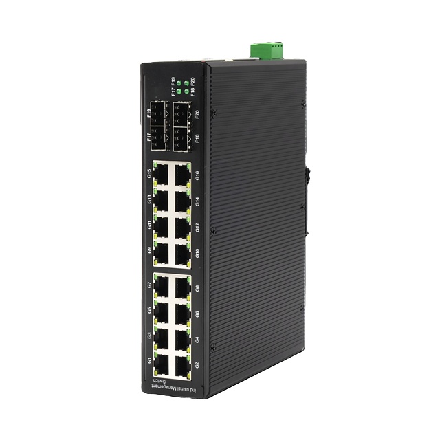 20-Port Gigabit L2+ Managed Industrial PoE Switch 4 SFP 16 Ethernet PoE Ports 380W IEEE802.af/at SNMP QoS Stackable VLAN Support