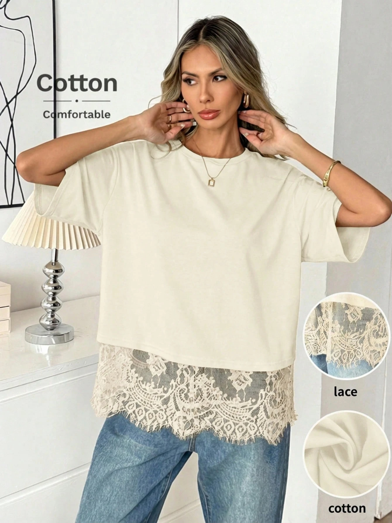 New Fashion Women's Slim Straight Round Neck Short Sleeve Asymmetric Hemp Splicing Lace Plus Size Women's T-shirts