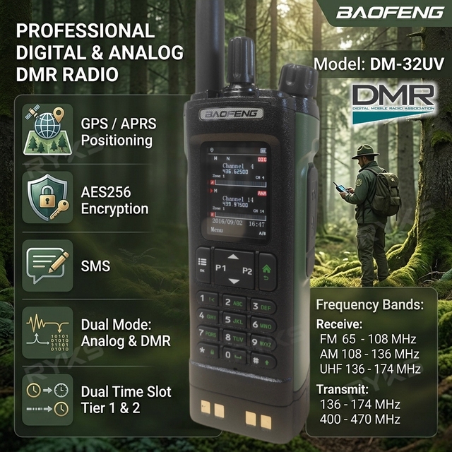 DMR Digital Two-Way Radio DM-32UV 10W High Power GPS AES256 Encryption Dual Band Walkie Talkie for Security