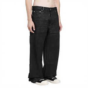 Jean en denim ciré noir pour homme, coupe large, taille haute, ample, couleur unie, en coton, décontracté, avec braguette boutonnée, en tissu tissé, grandes tailles - Product Image 1