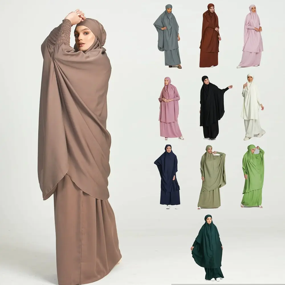 Mỏng khiêm tốn hidjab Áo hồi giáo khimar hijab cầu nguyện ăn mặc jilbab abaya 2 mảnh EID mujer bán buôn trong UK ăn mặc cho phụ nữ hồi giáo