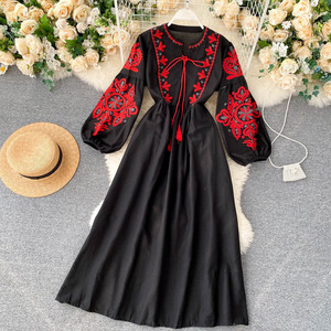 Women <strong>White</strong> <strong>Red</strong> <strong>Blue</strong> Tribal Floral Embroidered Long Sleeve Tie Waist Boho Maxi <strong>Dress</strong> Vintage Ethnic Style Flowy Bohemian <strong>Dress</strong> - Product Image 3