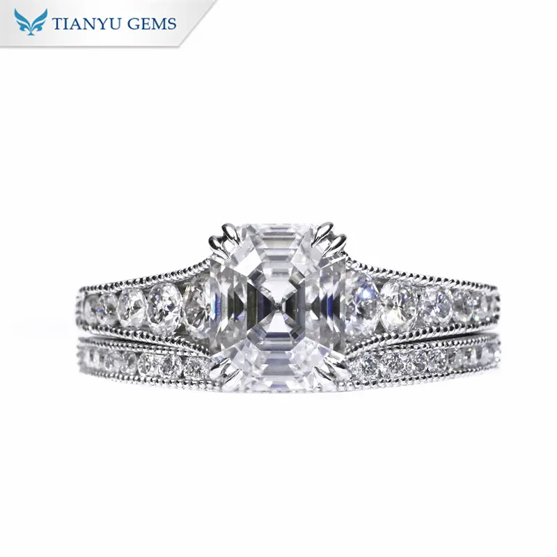 Tianyu Gems Asscher corte moissanite diamante DEF VVS1 6,5*8mm 10K 14K 18K conjunto de anillos de joyería de oro blanco sólido para mujeres