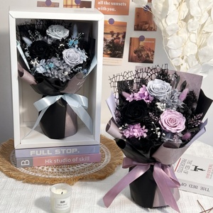 Bouquet de roses éternelles style <span class=keywords><strong>Chevalier</strong></span> Noir, roses noires gothiques, boîte carrée, cadeau pour femme, mariage, Saint-Valentin, Fête des Mères, Noël - Product Image 2