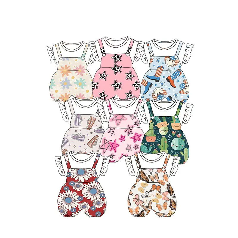 वसंत/ग्रीष्मकालीन फैशन कस्टम मुद्रित बेबी चौग़ा झालरदार छोटी आस्तीन वाले ब्लूमर्स बच्चों का जंपसूट