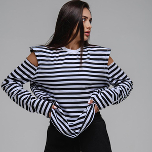 Ropa de otoño para <span class=keywords><strong>mujer</strong></span>, <span class=keywords><strong>camiseta</strong></span> con hombros descubiertos, camisetas para <span class=keywords><strong>mujer</strong></span>, camisetas de manga larga con estampado de rayas y cuello redondo para <span class=keywords><strong>mujer</strong></span> - Product Image 1