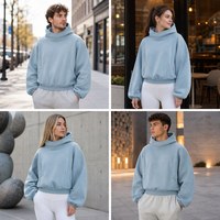 Sweat à capuche structuré personnalisé pour l'hiver, 100 % coton, bleu ardoise, col montant, manches raglan, poignets élastiques brodés, coutures courbées, fermeture éclair