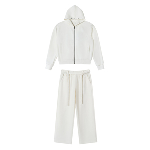 Set Felpa con Cappuccio Bianca Casual Best Seller, Giacca con Zip e <span class=keywords><strong>Pantaloni</strong></span> a Gamba Larga, Completo Due Pezzi - Product Image 6