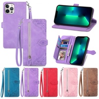 Étui portefeuille en cuir à fermeture éclair avec plusieurs emplacements pour cartes et motif floral pour iPhone 16 15 14 13 Mini 12 11 PRO MAX XS XR 8 7 PLUS 6 – Housse de protection avec porte-monnaie