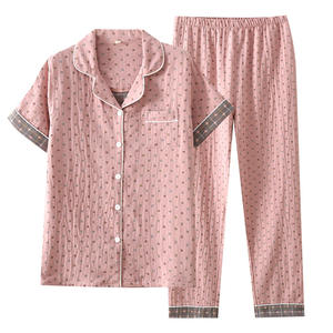 Ensemble <span class=keywords><strong>de</strong></span> pyjamas d'été en coton pour femmes à manches courtes en coton <span class=keywords><strong>double</strong></span> couche <span class=keywords><strong>Gaze</strong></span> fine pour hommes - Product Image 5