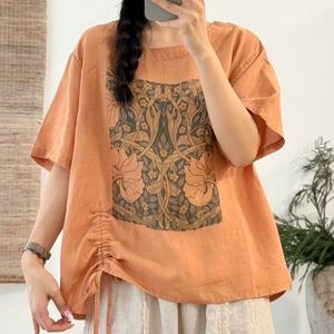Women's Loose Cotton <b>Linen</b> T-Shirt <b>Plus</b> <b>Size</b> Drawstring Printed Asymmetric Short Sleeve Casual <b>Top</b> Summer Wear - Product Image 3