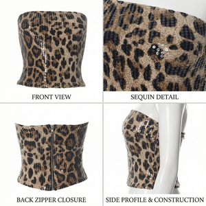 Top de Tirantes Personalizado de Alta Calidad y Bajo Costo con Estampado de Leopardo y Lentejuelas Brillantes para Mujer, Top Bandeau Sexy sin Mangas - Product Image 3