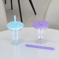 Tasse à café ronde de style américain en plastique double couche de 360 ml avec bouchon en silicone DIY et paille épaisse créative pour bubble tea