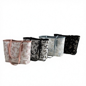 Factory Direct Wholesale Women <b>Large</b> Capacity Butterfly Print Embroidery Zipper Closure PU <b>Canvas</b> Lining Portable Tote <b>Bag</b> - Product Image 1