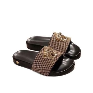 2026 Women Luxury Rhinestone Medusa Inspired <b>Slides</b> Black Gold Metal Decor Designer Flat <b>Slippers</b> Summer Beach Sandals - Product Image 5