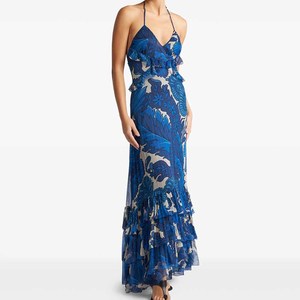 Người Phụ Nữ Ăn Mặc Tùy Chỉnh Sexy Hoa In Trọng Lượng Nhẹ Halter Xù tầng Ruffle Boho Đu Voan Maxi Dress - Product Image 2
