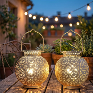 Ramadan Eid Festive Table Centerpiece Gold Perforated Metal <b>Globe</b> Lantern Outdoor Hanging <b>LED</b> Lantern <b>Light</b> - Product Image 2