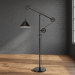 Lampe sur pied industrielle réglable, support en fer, douille E27, abat-jour en verre noir, LED blanc chaud, CRI 90 élevé, roulettes - Product Image 2