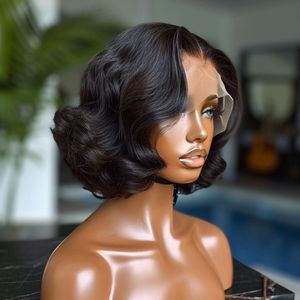 Perruque Courte Bob Ondulée Body Wave <span class=keywords><strong>Femme</strong></span> Noire 13x4 Full Frontal, <span class=keywords><strong>Cheveux</strong></span> Humains Style Ocean Wave, 12 Pouces - Product Image 4