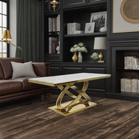 Table basse de style ferme moderne avec cadre en acier inoxydable doré, plateau en pierre de roche, matériau en bois pour le salon, meubles de maison