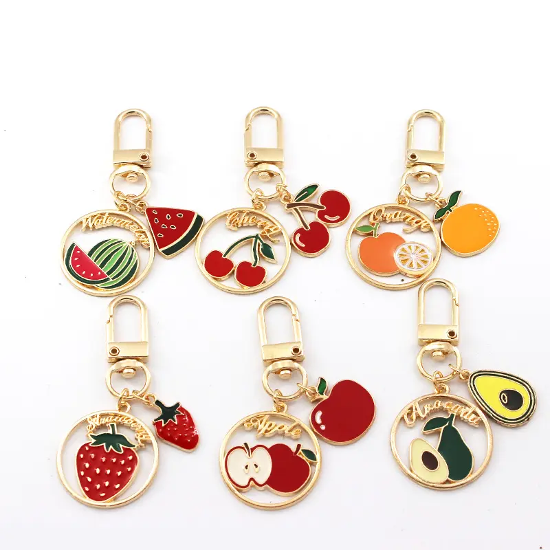 سلسلة مفاتيح الصيف من الفاكهة الطازجة والكرز والبطيخ والفوارة والبرتقال، سلسلة المفاتيح المعدنية المعلقة