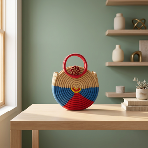 Panier rond en herbe tressé à la main avec garniture festive et poignée, rangement élégant et écologique d'Orissa - Product Image 5
