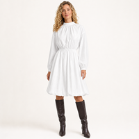 Robe Courte Blanche Femme à Manches Longues et Taille Smockée, 100% Nylon, Col Montant à Volants, Vente en Gros Automne/Hiver 2026
