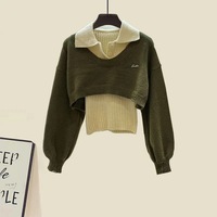 Grand ensemble d'automne pour femmes à la mode Nouveau pull ample chaud Taille haute Minceur Demi-jupe avec gilet Ensemble trois pièces
